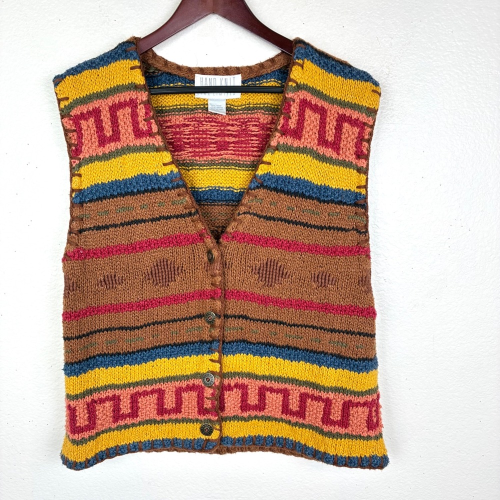 Y2k Vtg Hand Knit Sweater Vest L Southwestern Indie Grunge Chunky Granola Boho